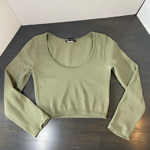 ZARA Ribbed Long Sleeve Crop Top – Olive Green – Size XS - Picture 2 of 7